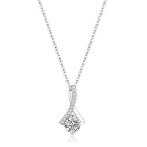 Elegant stainless steel necklace with ribbon pendant and round zircon stone inlay