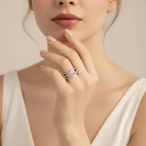 Elegant S925 sterling silver criss-cross ring with sparkling round Moissanite stones.