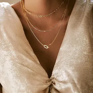 Detailed close-up showing an elegant 14K gold-plated triple layer necklace on model