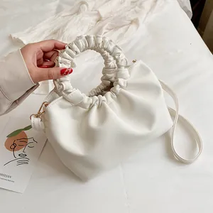 Sac à Épaule Plissé en PU Artistique pour Femmes Sac Messager Couleur Unie Bandoulière Avec Poignée Souple et Longue Sangle
