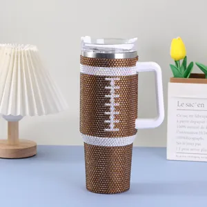 40oz rhinestone encrusted stainless steel tumbler with football design and handle