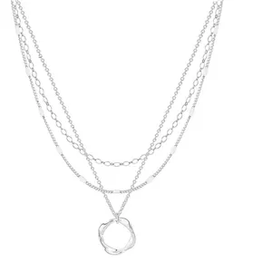 Elegant triple layered silver chain necklace with a unique twisted circle pendant design
