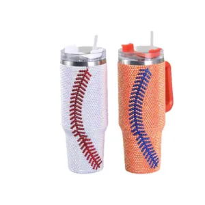 40oz stainless steel tumbler with sparkling baseball rhinestone design and handle