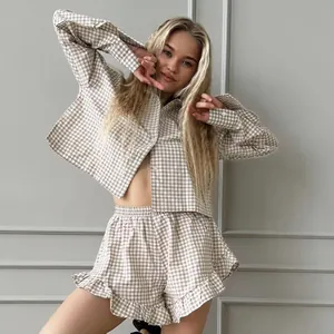 Damen Baumwolle Gingham Karo Schlafanzug Langarm Knopfleiste Hemd Und Rüschen Shorts Lounge Wear Top Und Bottom