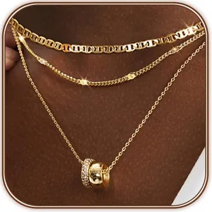 Collar de tres capas chapado en oro de 14K con cadena de ancla y colgante de barril