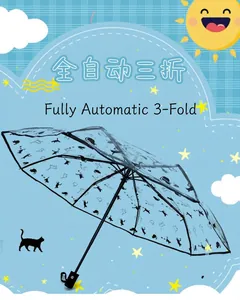 Macro detail of automatic 3-fold transparent umbrella with whimsical black cat motifs