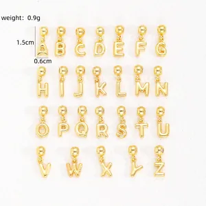 Detailed view of 26 golden bubble alphabet pendants including size and weight specs