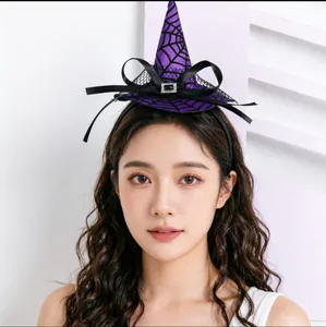 Festive purple witch hat headband with black spider web and bow for Halloween parties
