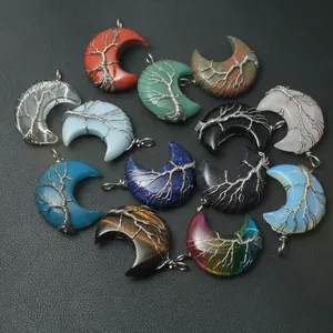 Handmade Wire Wrapped Tree Of Life Moon Natural Stone Pendant For Women Vintage Crystal Agate Crescent Necklace Jewelry Gift
