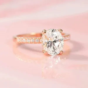 Macro view of luxury rose gold plated silver ring with a large 3ct oval cubic zirconia stone