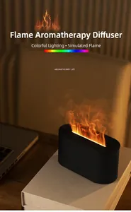 Close-up of a flame aroma diffuser with a realistic orange fire mist effect
