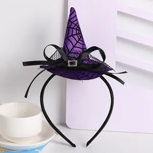 Detailed view of Halloween witch hat headband with purple spider web pattern decoration