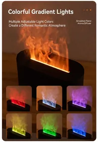 Detailed view of the flame aroma diffuser showcasing seven vibrant LED light color modes