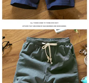 Detail view of men's cotton linen shorts featuring a comfortable elastic drawstring waist.