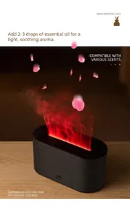 Close-up of ultrasonic flame aroma diffuser showing red atmosphere light mist effect