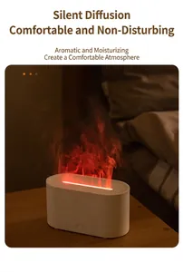 Close-up view of a white flame aroma diffuser with a realistic glowing red mist effect.