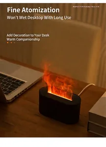Detail view of flame effect aromatherapy humidifier on a wooden desk