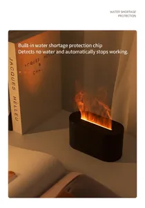 Close-up of black flame aroma diffuser showing realistic warm fire mist effect on desk