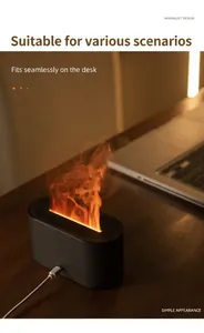 Close-up of a minimalist black flame aroma diffuser on a wooden desk with warm light