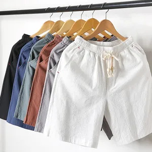 Men's Summer Cotton Casual Shorts Drawstring Elastic Waist Beach Five-Point Pants Loose Plus Size Breathable Fashion Shorts