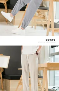 Détails d'un pantalon de jogging en coton et lin pour homme, coloris gris et beige.