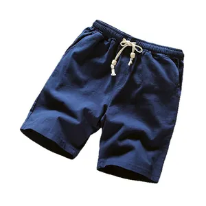 Casual dark blue cotton linen shorts for men with adjustable drawstring elastic waistband