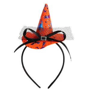 Halloween witch hat headband with orange bat pattern and black mesh veil decor accessory