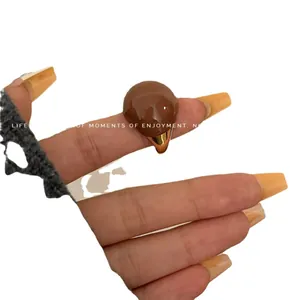 Elegant chocolate caramel enamel dome eggshell open ring with a vintage glossy finish