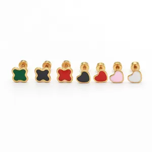 Golden stainless steel enamel stud earrings set featuring colorful heart and clover shapes