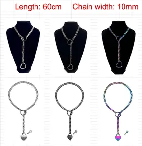 Punk style Cuban Y-chain necklace with heart ring and lock in 3 colors, 60cm length