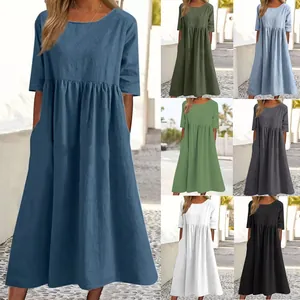 Abito midi casual da donna in cotone e lino con tasche in vari colori