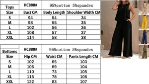Women's casual cotton two-piece set size chart with top and pants measurements.
