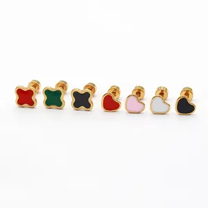 Colorful enamel stainless steel stud earrings in heart and clover shapes, golden finish