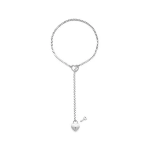Silver heart lock and key Y-necklace with sliding heart loop and Cuban chain detail