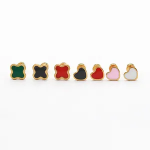 Detailed view of colorful heart and clover enamel stainless steel stud earrings