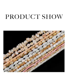 Macro detail of various natural shell loose beads in multiple shapes and colors.