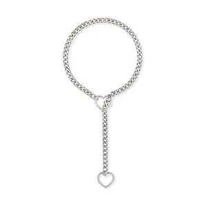 Detailed view of silver heart slider ring and curb chain on punk style Y-necklace.
