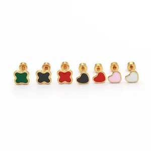 Detailed view of colorful enamel heart and clover gold stainless steel stud earrings