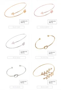 Overview of stylish alloy open bangles featuring leaf, arrow, and knot designs in different finishes.