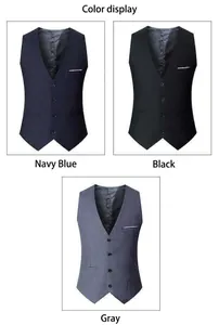 Color options for men's slim fit single-breasted casual vest in navy, black, and gray