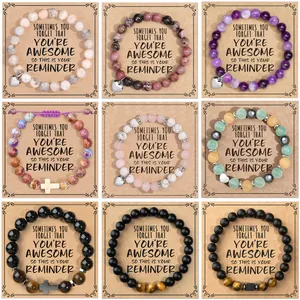 Natural Stone Beaded Bracelet With Heart Cross Pendant Handmade Healing Jewelry With Inspirational Message Card Gift For Women Men