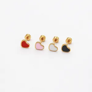 Collection of minimalist stainless steel heart stud earrings in red, pink, white, and black