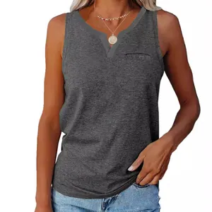 Women's casual V-neck tank top with chest pocket in dark grey heather color