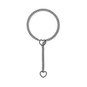 Punk style gunmetal Cuba chain necklace with hollow heart sliding pendant detail.