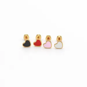 Detail view of four small stainless steel heart stud earrings in multi-color enamel.