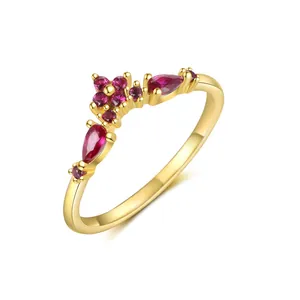 Detailed view of elegant gold plated V-shaped ring featuring sparkling pink marquise zircon stones