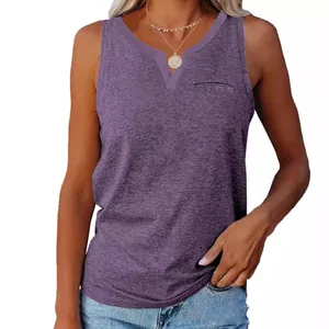 Women's casual purple V-neck sleeveless tank top with pocket, loose summer basic