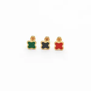 Detailed view of three stainless steel enamel clover stud earrings in green, black, and red.