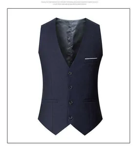 Front view detail of a classic navy blue slim-fit single-breasted men's suit vest