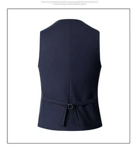 Detailed back view of a slim fit navy blue men's suit waistcoat with adjustable strap